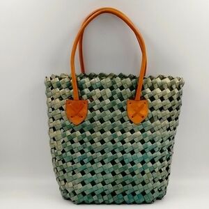 Wicker Woven Braided Bag Tote Purse Leather Handles Sage Green